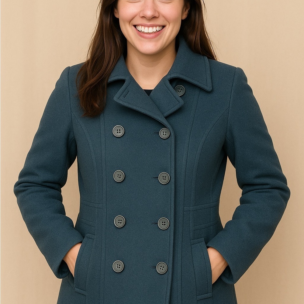 Elegant Teal Double-Breasted‎ Pea Coat
